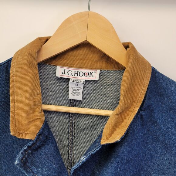 J.G. Hook Denim Jean Jacket Womens Size 14 Blue Dark‎ Wash Tan Corduroy Collar - Picture 2 of 10